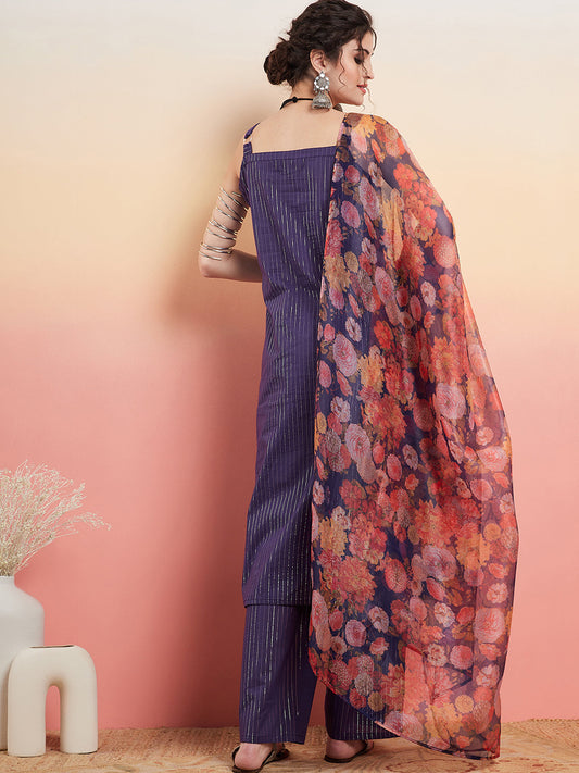 InWeave Women's Purple Lurex Strapp Straight Kurta Set W Organza Dupatta - Swadesiicart