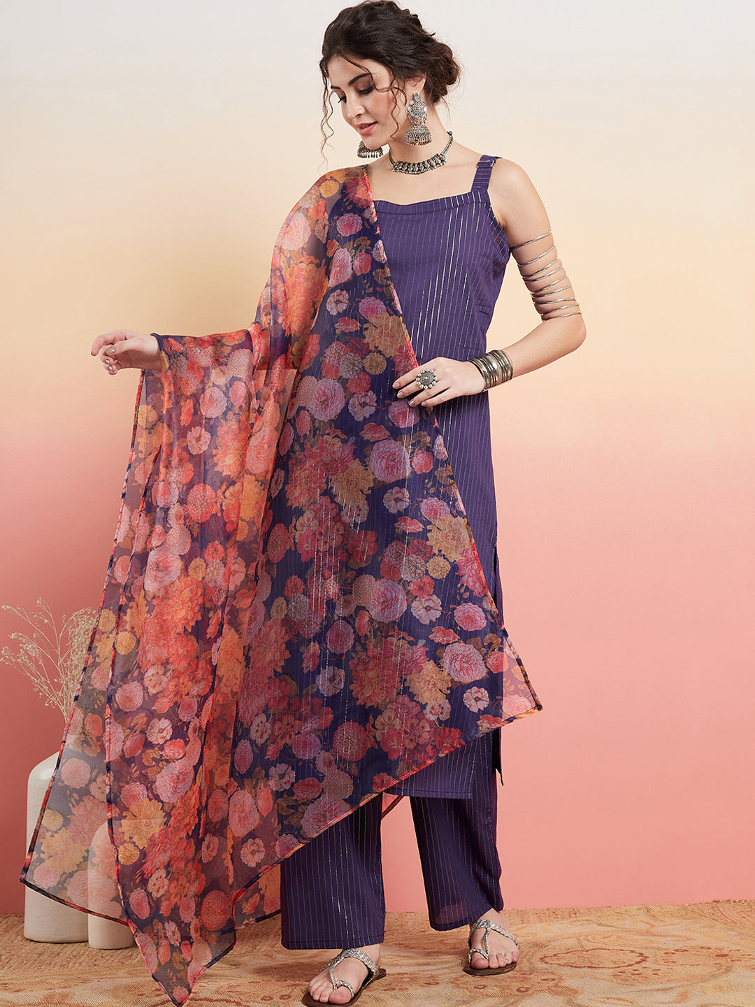 InWeave Women's Purple Lurex Strapp Straight Kurta Set W Organza Dupatta - Swadesiicart