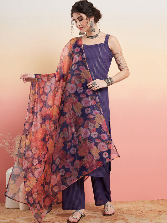 InWeave Women's Purple Lurex Strapp Straight Kurta Set W Organza Dupatta - Swadesiicart