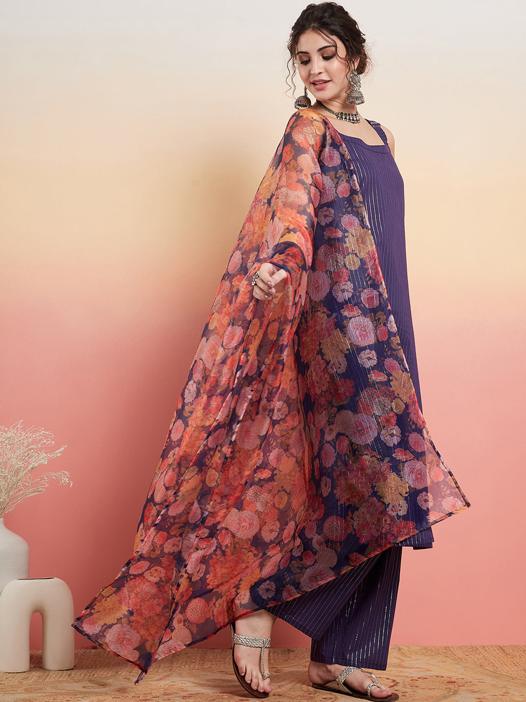 InWeave Women's Purple Lurex Strapp Straight Kurta Set W Organza Dupatta - Swadesiicart