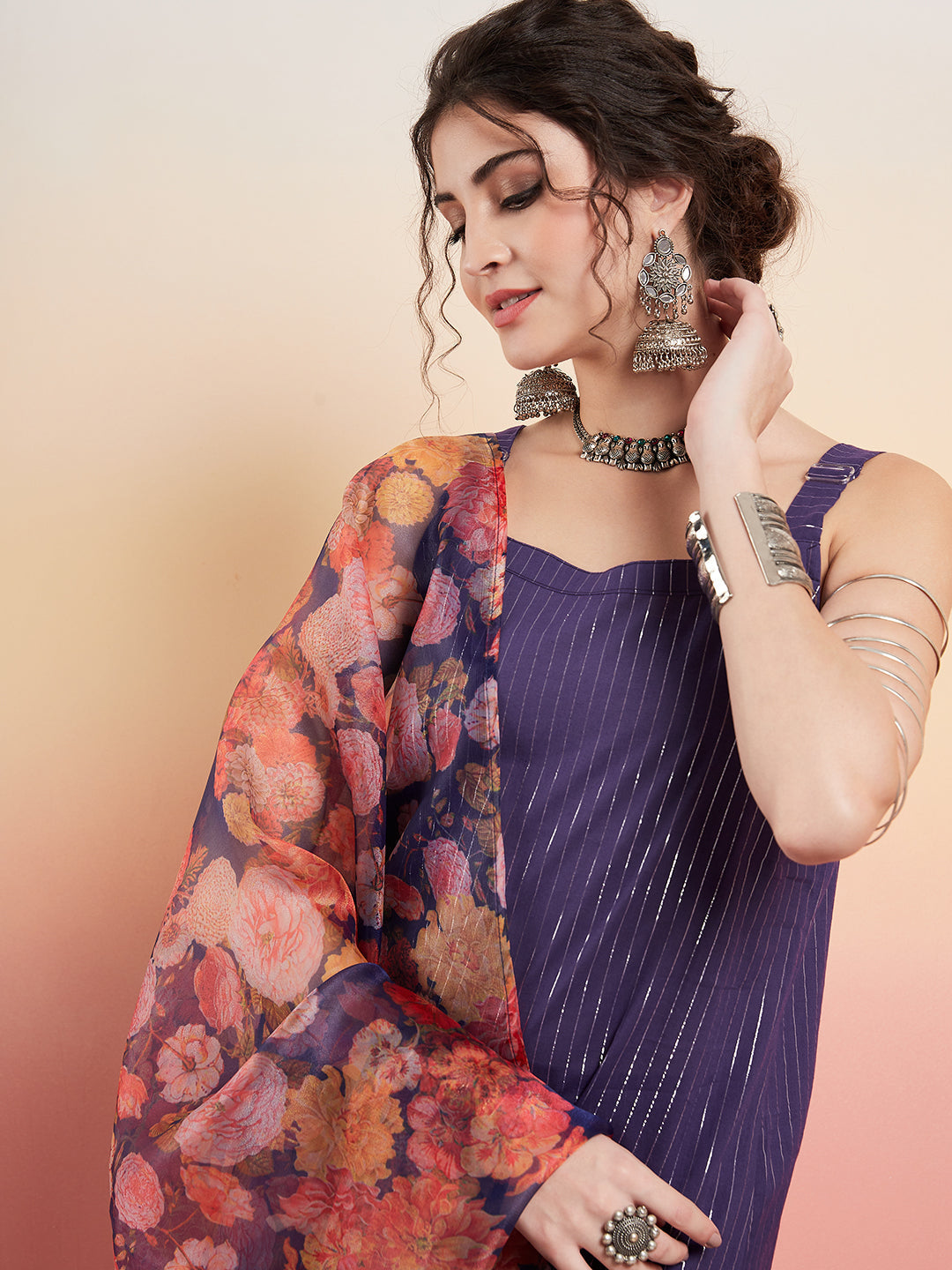 InWeave Women's Purple Lurex Strapp Straight Kurta Set W Organza Dupatta - Swadesiicart
