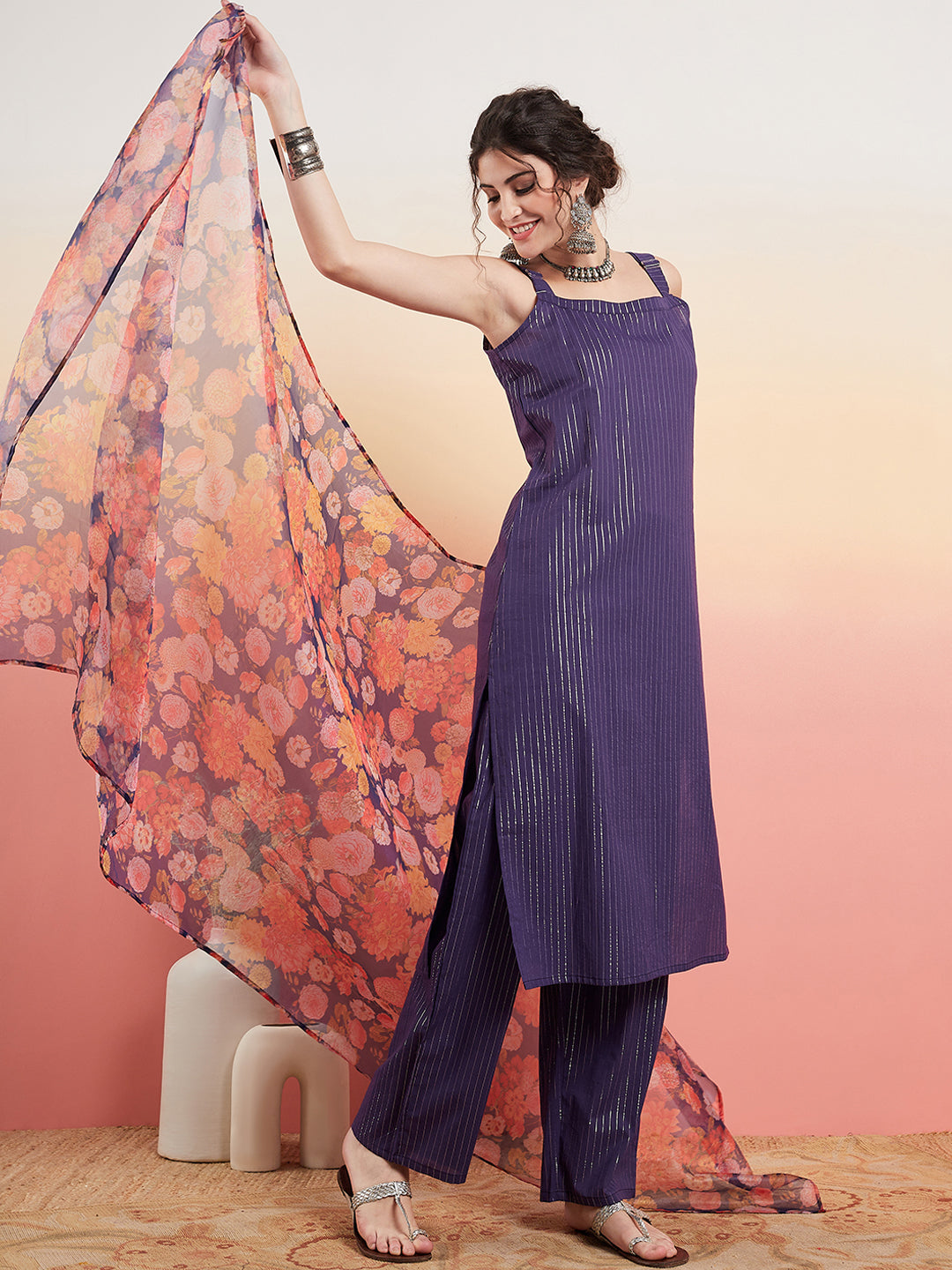 InWeave Women's Purple Lurex Strapp Straight Kurta Set W Organza Dupatta - Swadesiicart