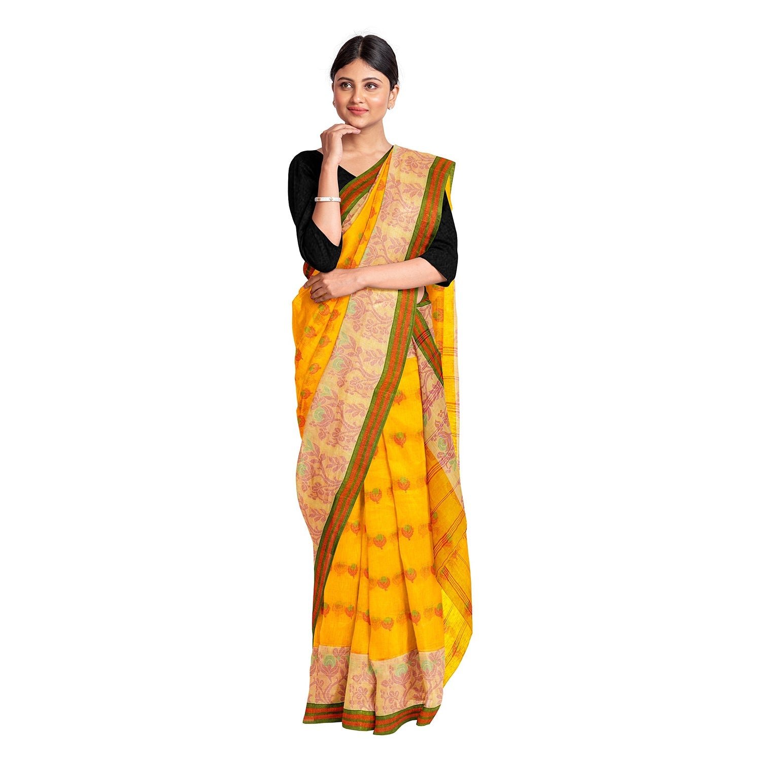 Exclusive Collection 100% Pure Cotton Yellow Tant Saree With Hand Weaving Work - Swadesiicart