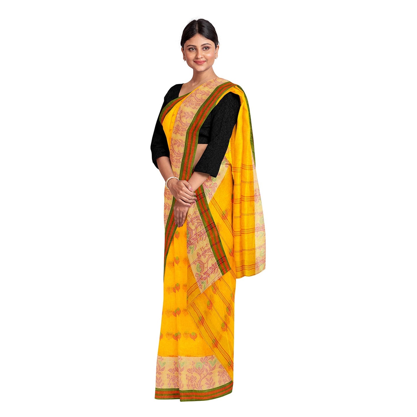 Exclusive Collection 100% Pure Cotton Yellow Tant Saree With Hand Weaving Work - Swadesiicart
