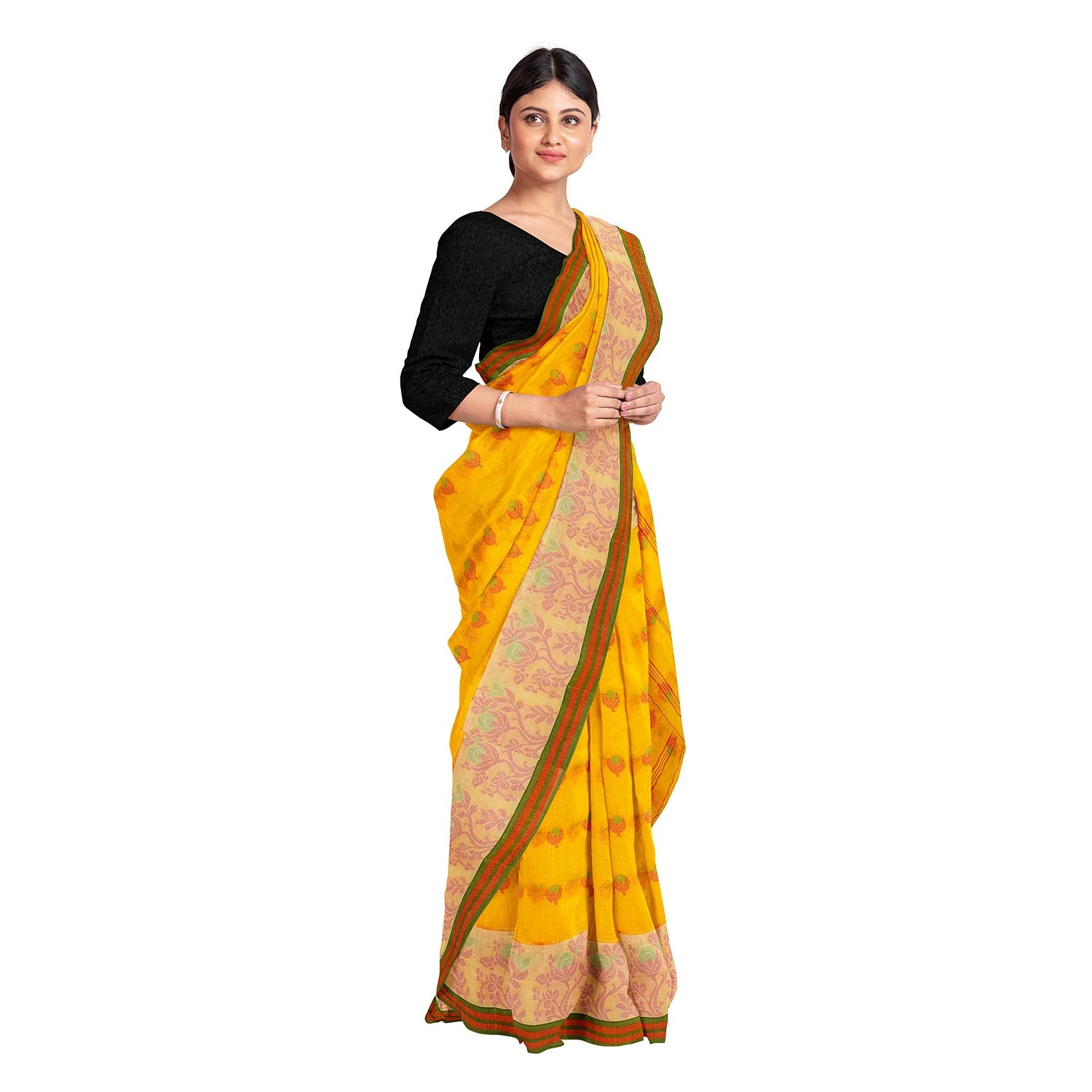 Exclusive Collection 100% Pure Cotton Yellow Tant Saree With Hand Weaving Work - Swadesiicart