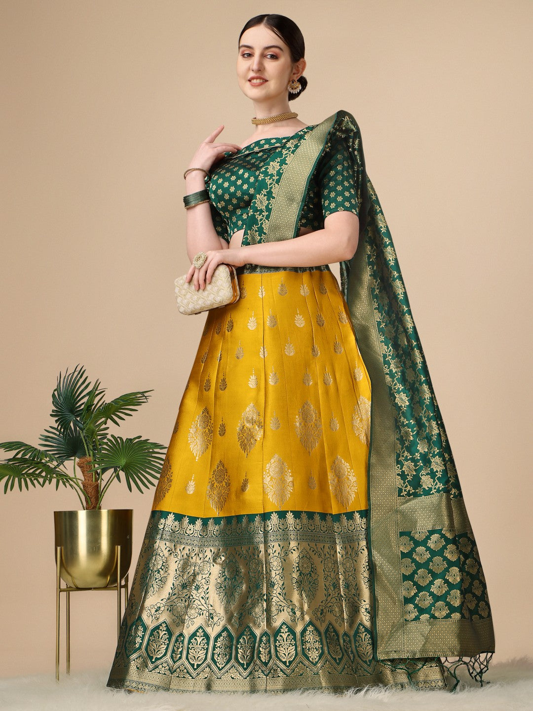 Lorenvalley Fashion Yellow Brocade Fabric Lehenga & Unstitched Blouse With Dupatta | Swadesiicart