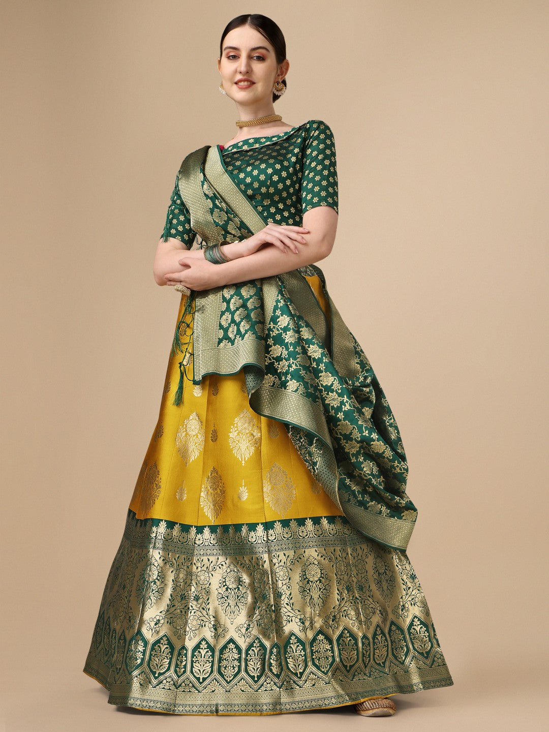 Lorenvalley Fashion Yellow Brocade Fabric Lehenga & Unstitched Blouse With Dupatta | Swadesiicart