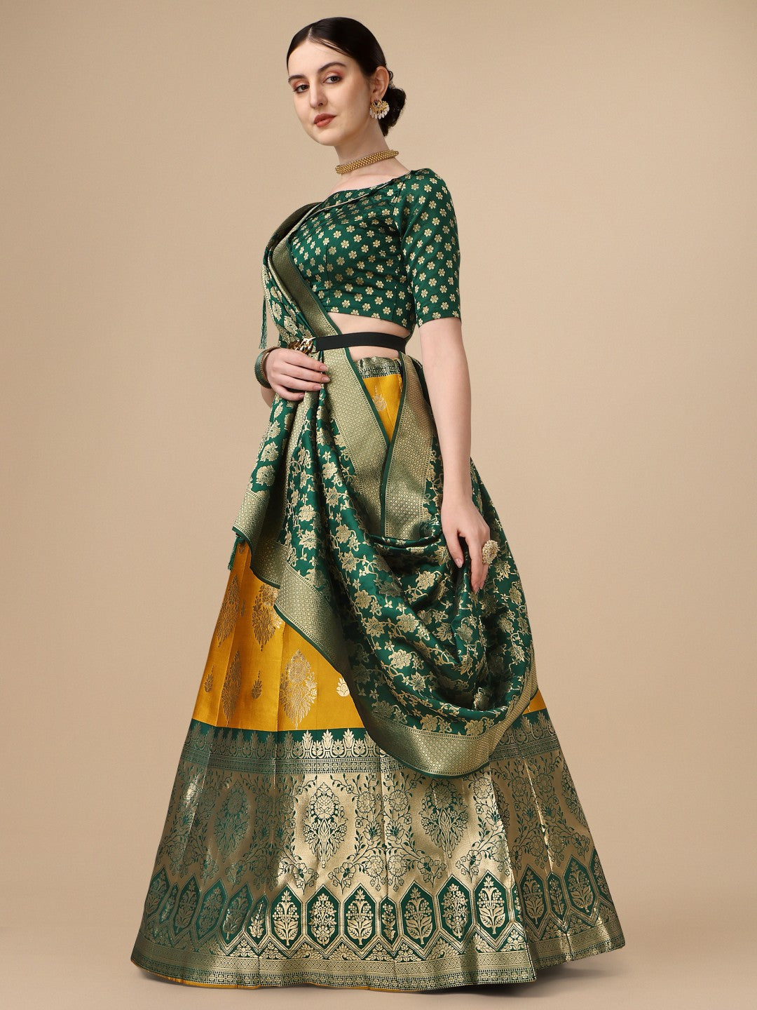 Lorenvalley Fashion Yellow Brocade Fabric Lehenga & Unstitched Blouse With Dupatta | Swadesiicart