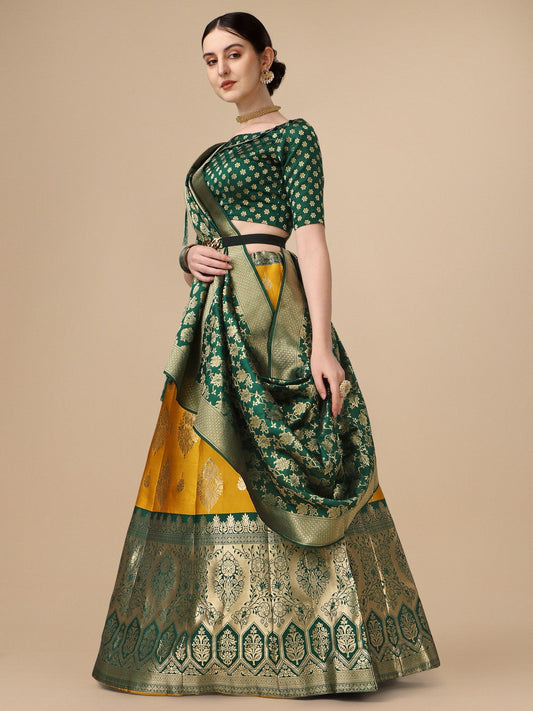 Lorenvalley Fashion Yellow Brocade Fabric Lehenga & Unstitched Blouse With Dupatta | Swadesiicart