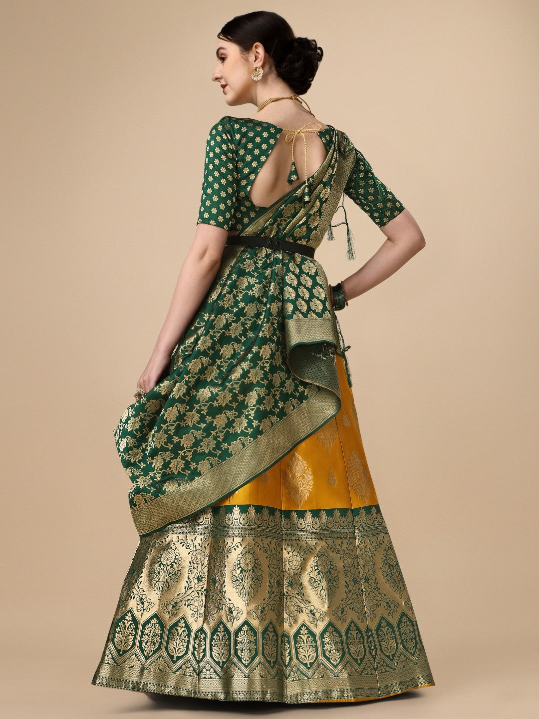 Lorenvalley Fashion Yellow Brocade Fabric Lehenga & Unstitched Blouse With Dupatta | Swadesiicart