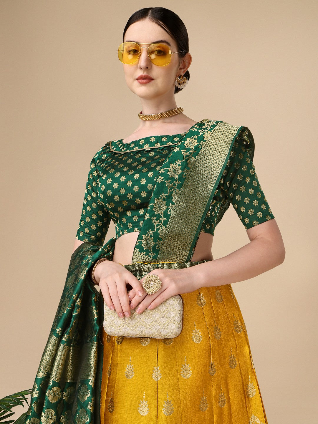 Lorenvalley Fashion Yellow Brocade Fabric Lehenga & Unstitched Blouse With Dupatta | Swadesiicart
