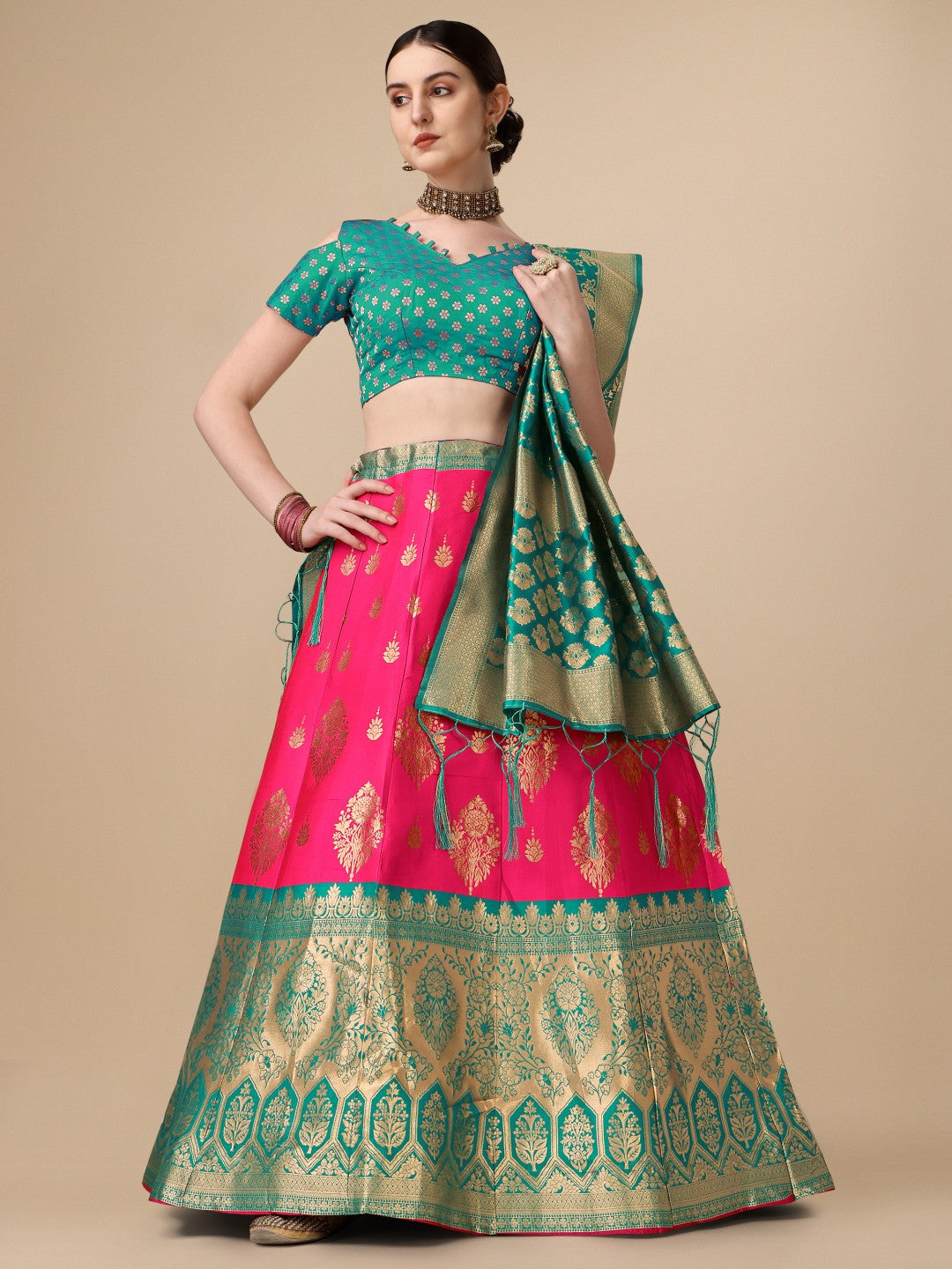 Lorenvalley Fashion Pink Brocade Fabric Lehenga & Unstitched Blouse With Dupatta | Swadesiicart