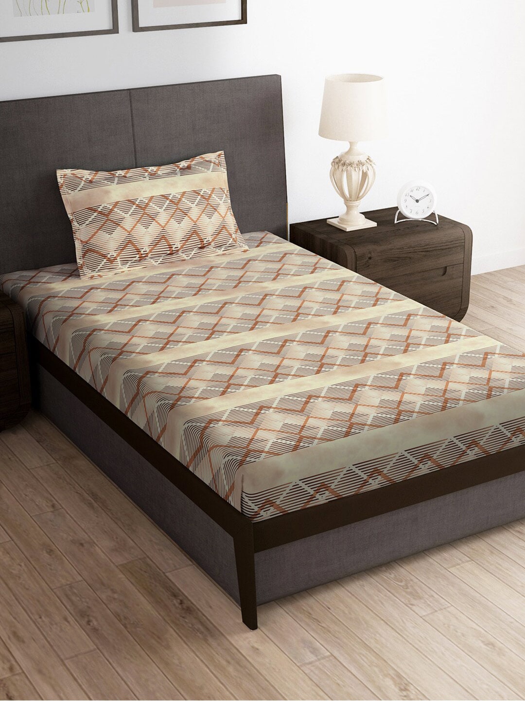 Story@home Brown & White Striped Microfiber 180 TC Bedsheet With Pillow Cover - Swadesiicart