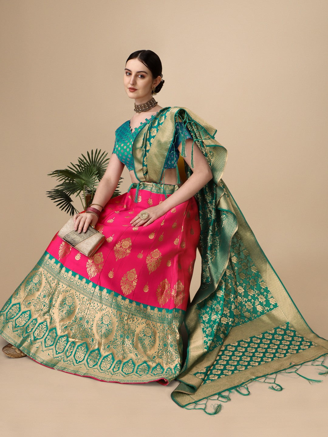 Lorenvalley Fashion Pink Brocade Fabric Lehenga & Unstitched Blouse With Dupatta | Swadesiicart