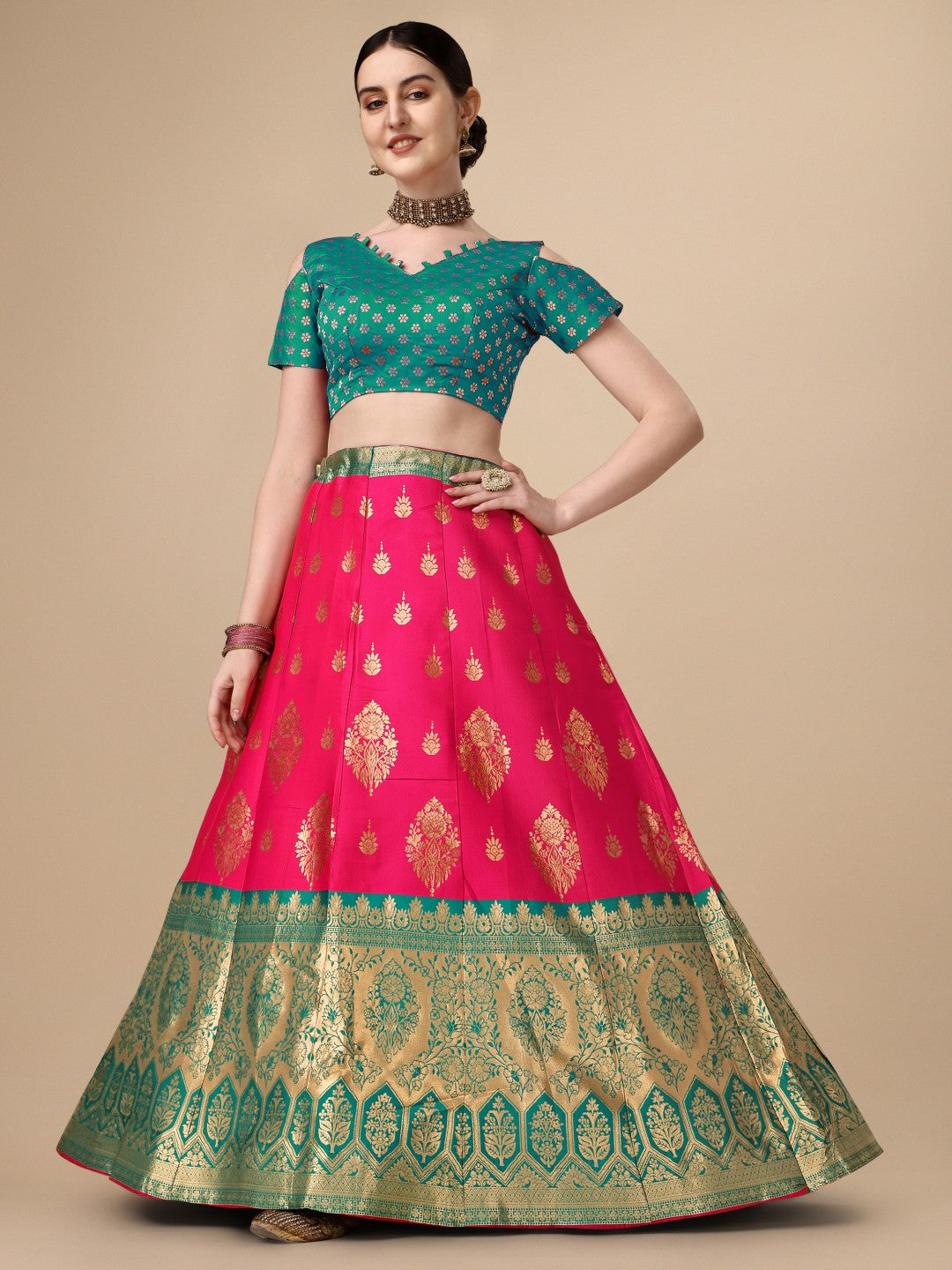 Lorenvalley Fashion Pink Brocade Fabric Lehenga & Unstitched Blouse With Dupatta | Swadesiicart