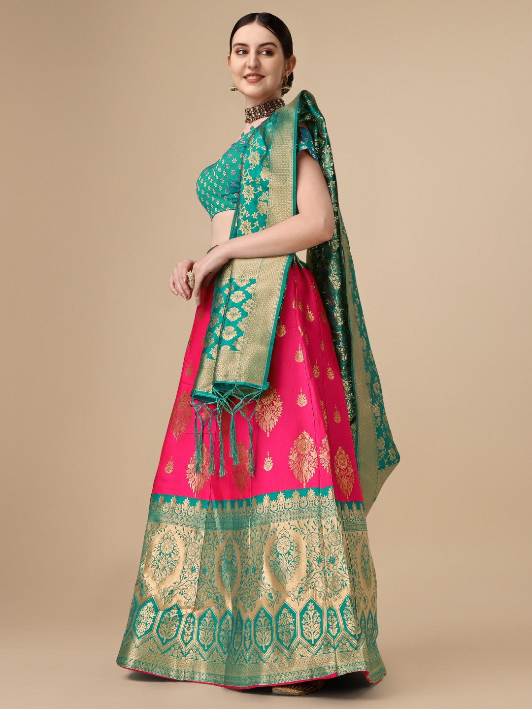 Lorenvalley Fashion Pink Brocade Fabric Lehenga & Unstitched Blouse With Dupatta | Swadesiicart