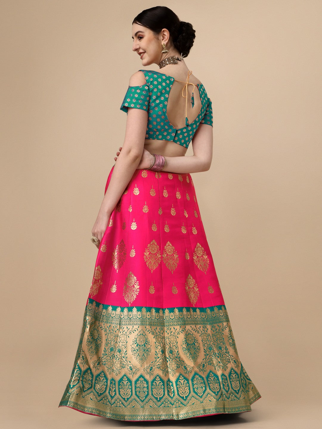 Lorenvalley Fashion Pink Brocade Fabric Lehenga & Unstitched Blouse With Dupatta | Swadesiicart