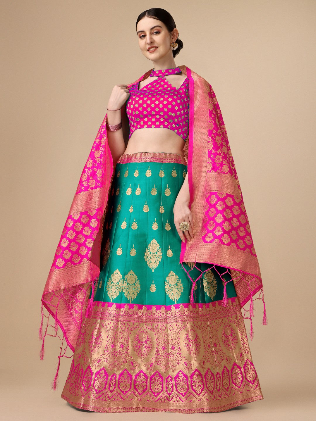 Lorenvalley Fashion Rama Brocade Fabric Lehenga & Unstitched Blouse With Dupatta | Swadesiicart