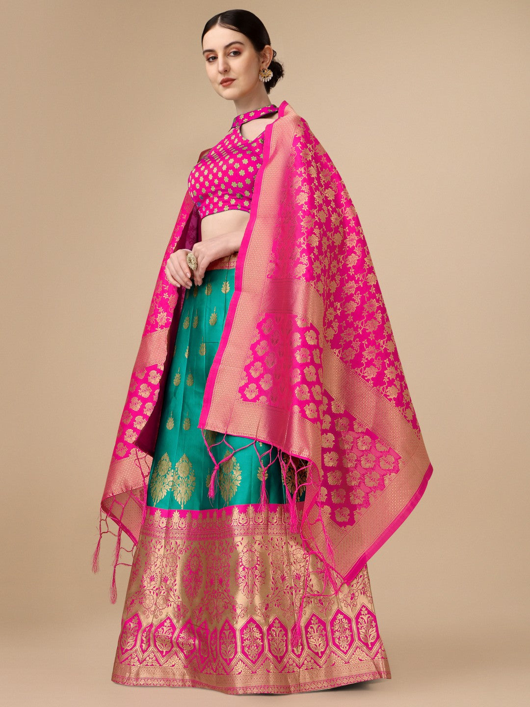 Lorenvalley Fashion Rama Brocade Fabric Lehenga & Unstitched Blouse With Dupatta | Swadesiicart