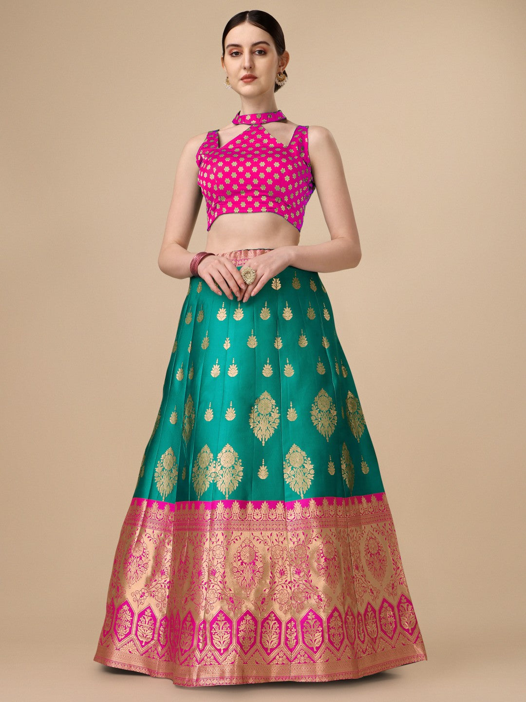 Lorenvalley Fashion Rama Brocade Fabric Lehenga & Unstitched Blouse With Dupatta | Swadesiicart