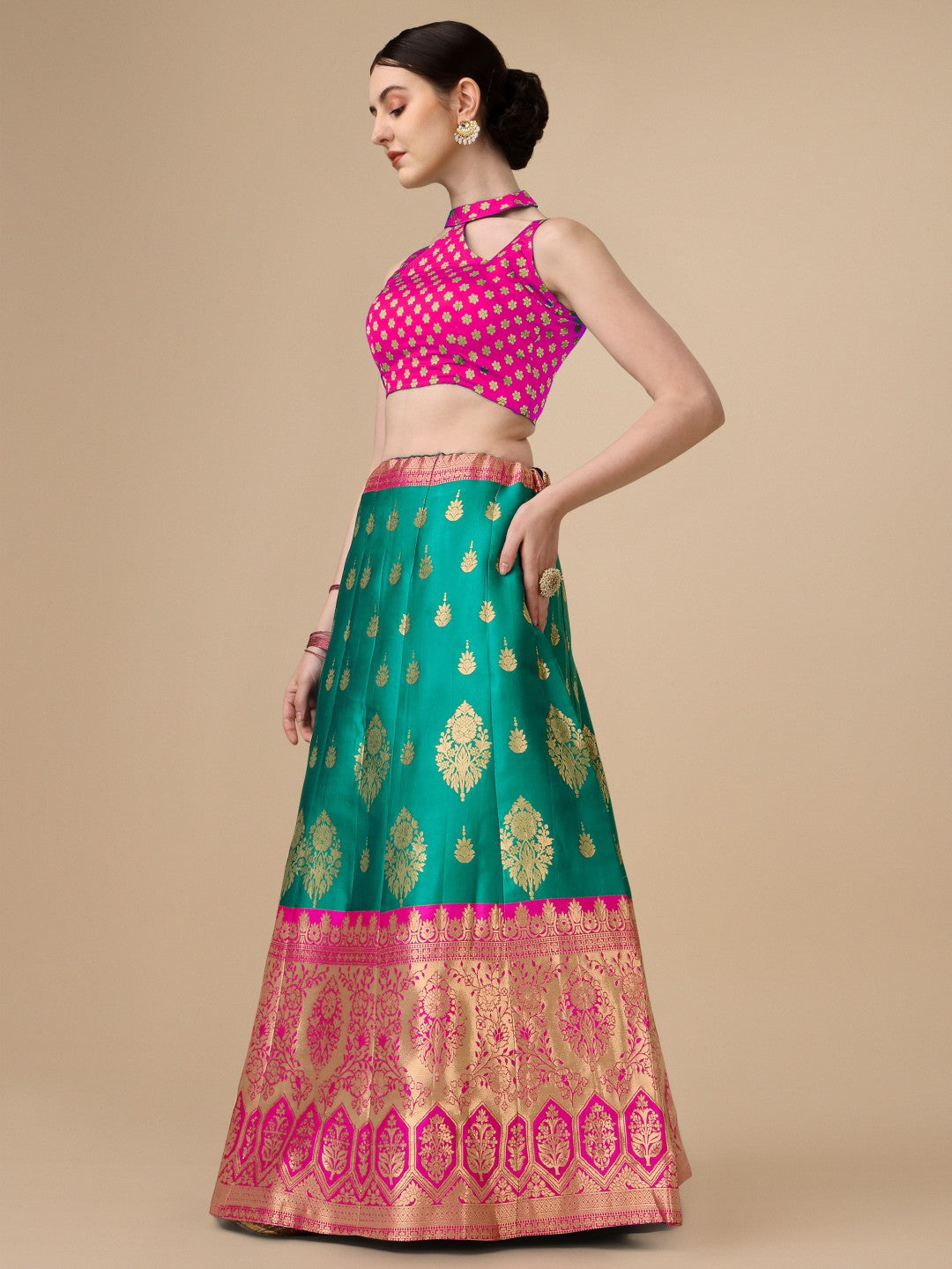Lorenvalley Fashion Rama Brocade Fabric Lehenga & Unstitched Blouse With Dupatta | Swadesiicart