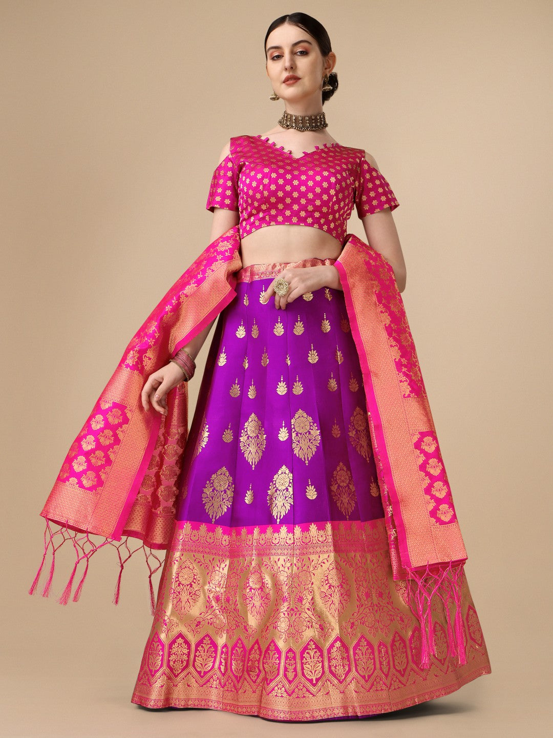 Lorenvalley Fashion Purple Brocade Fabric Lehenga & Unstitched Blouse With Dupatta | Swadesiicart