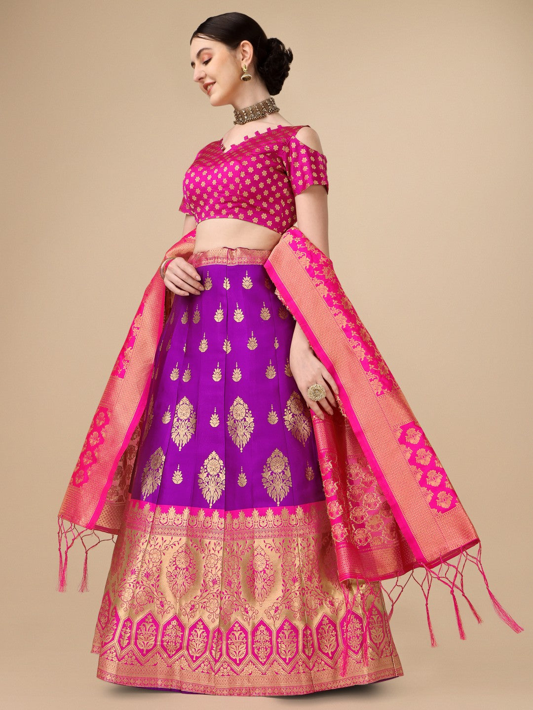 Lorenvalley Fashion Purple Brocade Fabric Lehenga & Unstitched Blouse With Dupatta | Swadesiicart