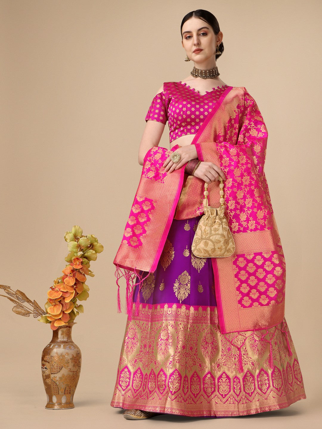 Lorenvalley Fashion Purple Brocade Fabric Lehenga & Unstitched Blouse With Dupatta | Swadesiicart