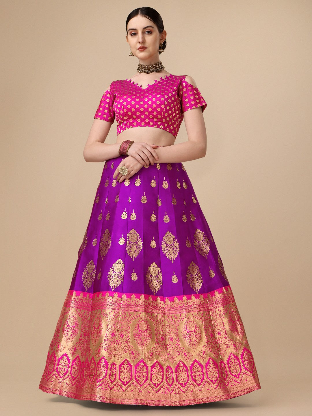 Lorenvalley Fashion Purple Brocade Fabric Lehenga & Unstitched Blouse With Dupatta | Swadesiicart