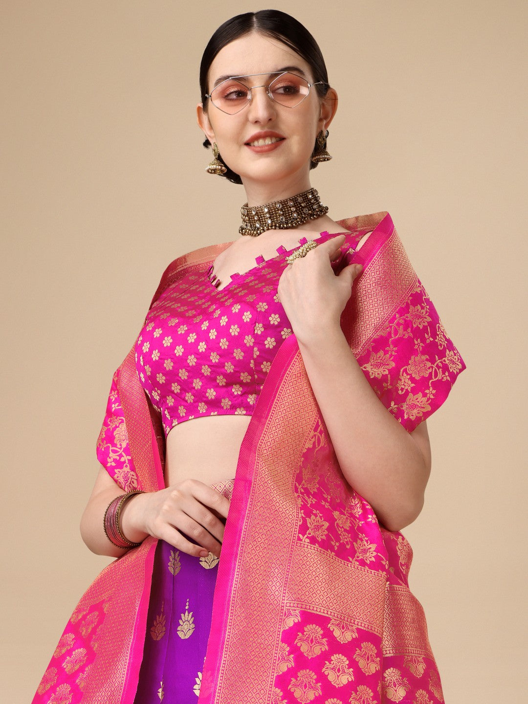 Lorenvalley Fashion Purple Brocade Fabric Lehenga & Unstitched Blouse With Dupatta | Swadesiicart