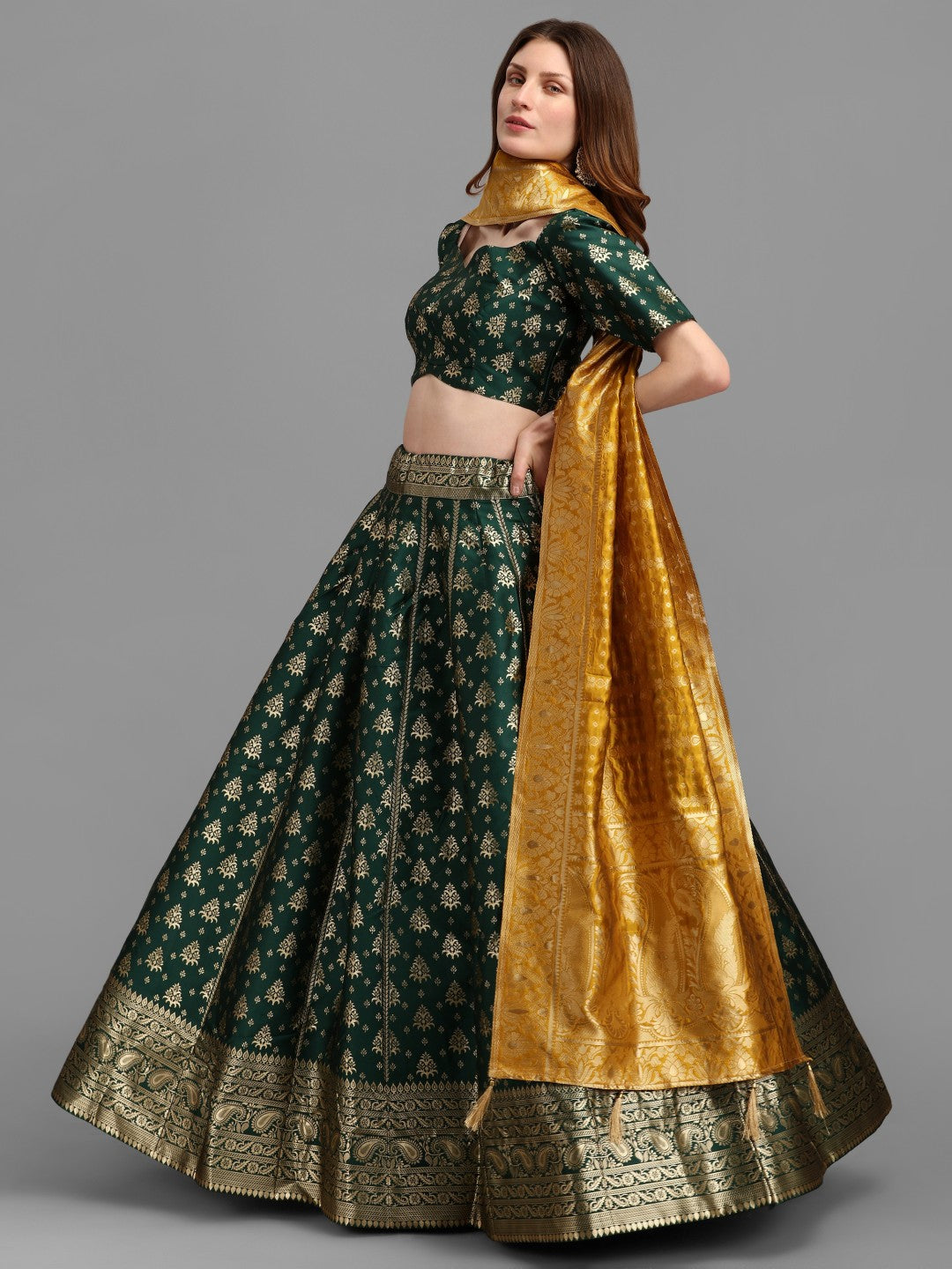 Lorenvalley Fashion Green Brocade Fabric Lehenga & Unstitched Blouse With Dupatta | Swadesiicart