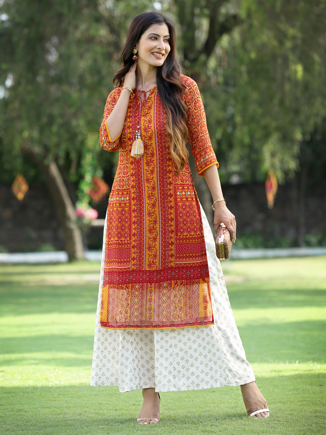 Juniper Womens Mustard Chiffon Printed Straight Kurta - Swadesiicart