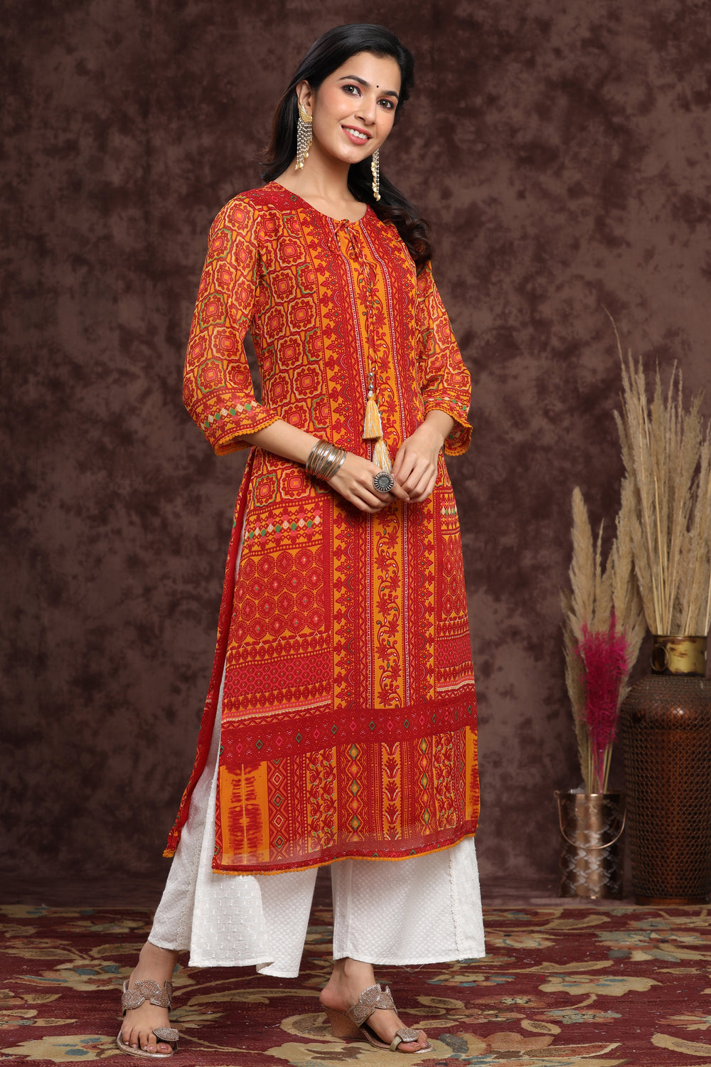 Juniper Women's Mustard Chiffon Printed Straight Kurta - Swadesiicart