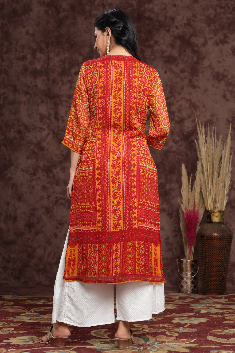 Juniper Women's Mustard Chiffon Printed Straight Kurta - Swadesiicart