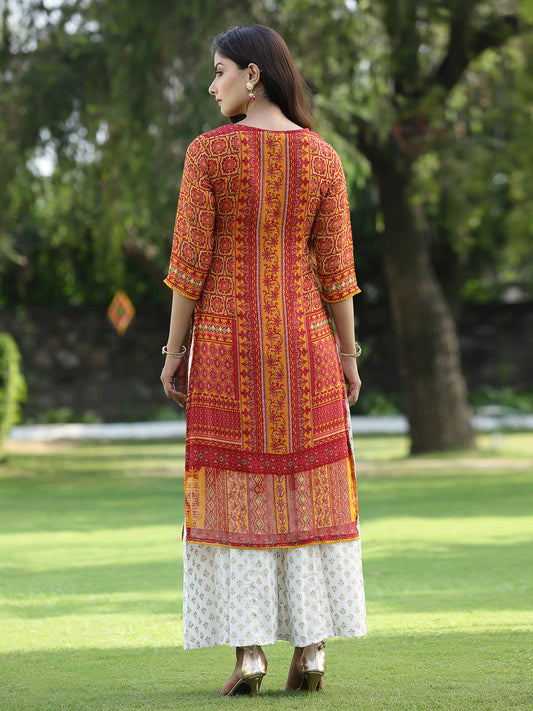 Juniper Womens Mustard Chiffon Printed Straight Kurta - Swadesiicart