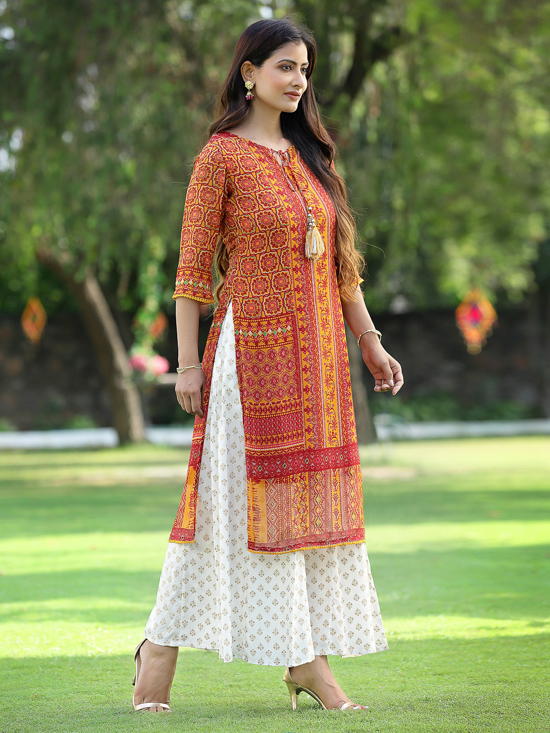 Juniper Womens Mustard Chiffon Printed Straight Kurta - Swadesiicart