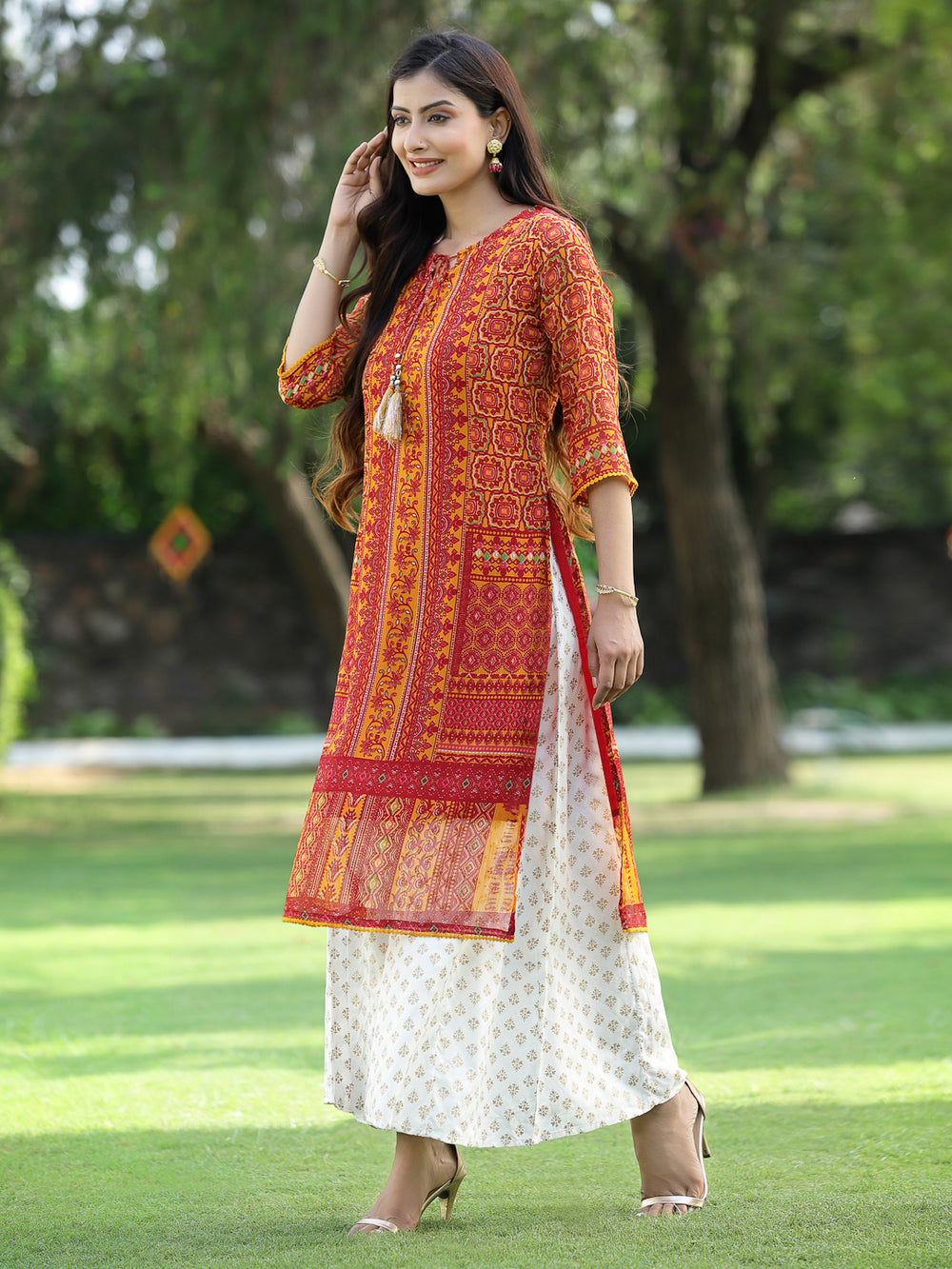 Juniper Women's Mustard Chiffon Printed Straight Kurta - Swadesiicart