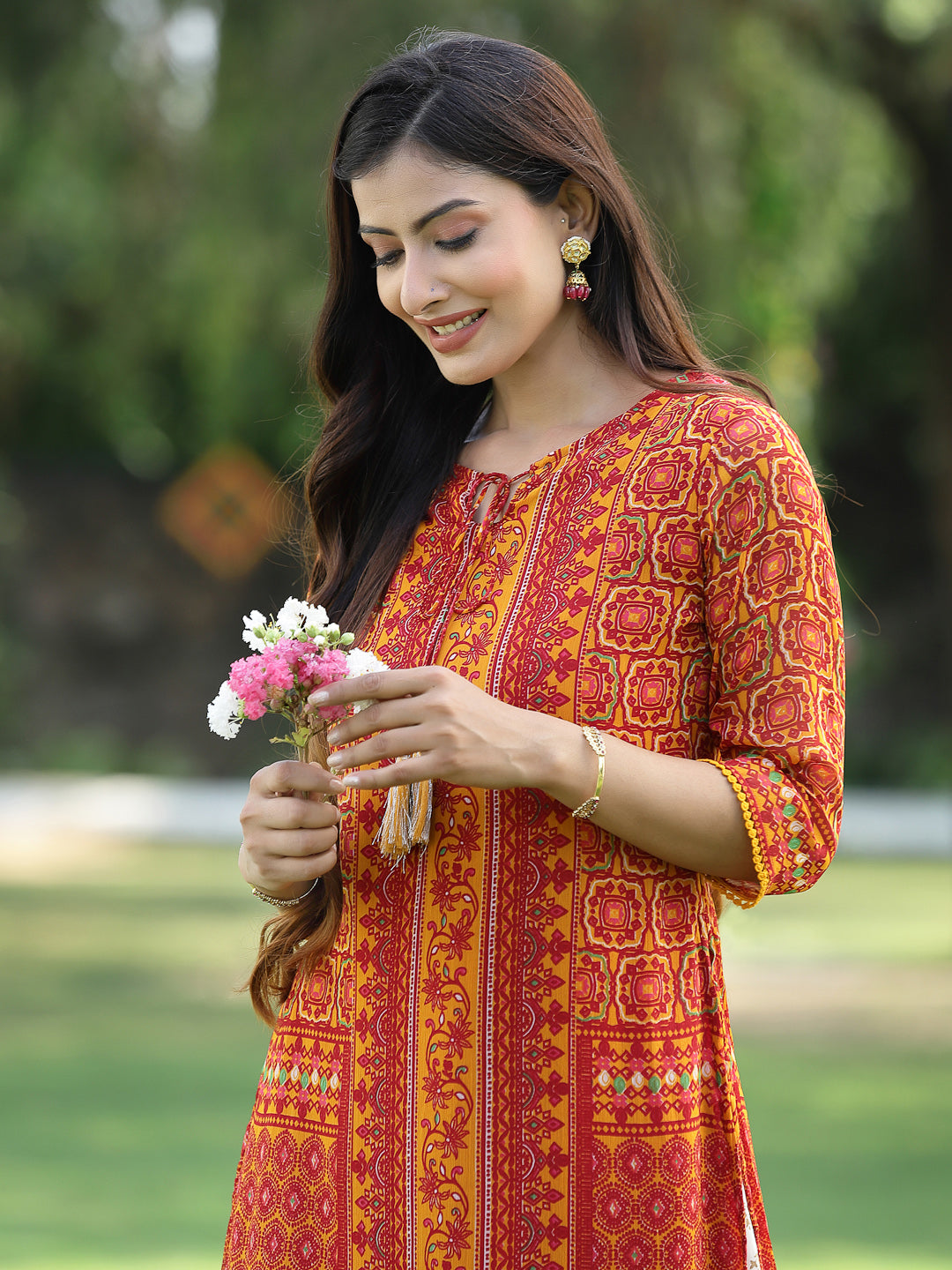 Juniper Womens Mustard Chiffon Printed Straight Kurta - Swadesiicart