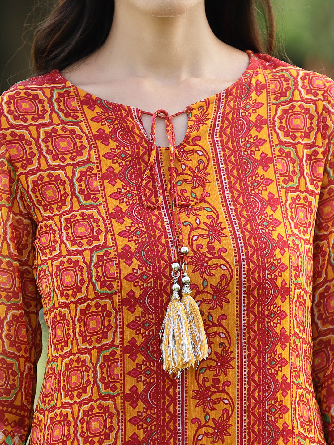 Juniper Womens Mustard Chiffon Printed Straight Kurta - Swadesiicart