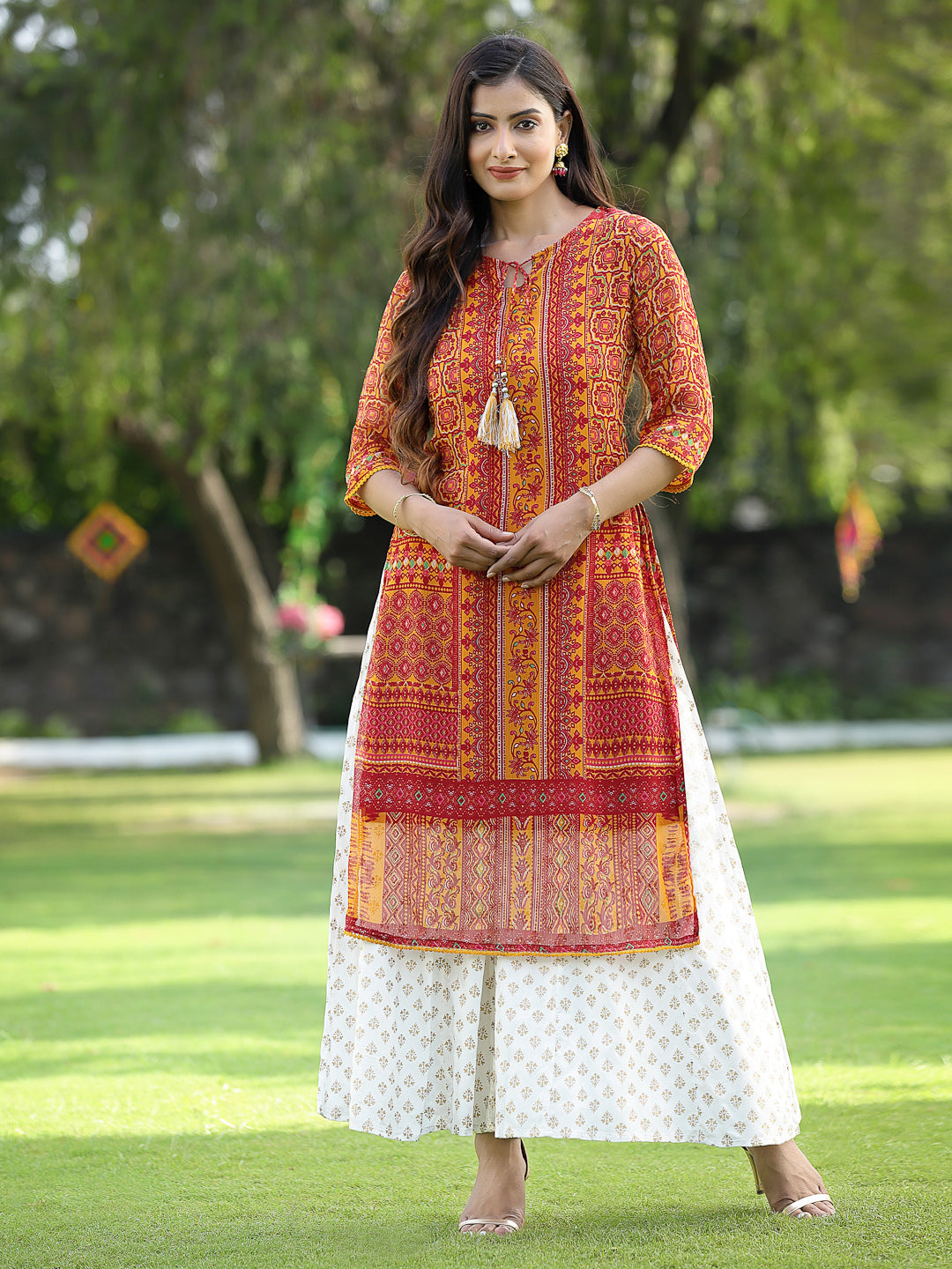 Juniper Womens Mustard Chiffon Printed Straight Kurta - Swadesiicart