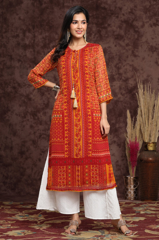 Juniper Women's Mustard Chiffon Printed Straight Kurta - Swadesiicart