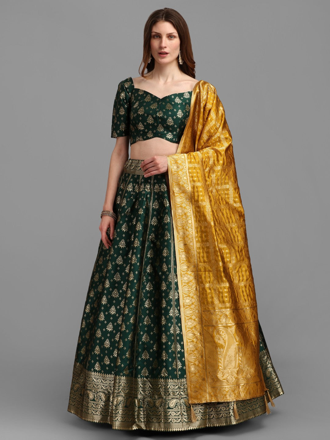 Lorenvalley Fashion Green Brocade Fabric Lehenga & Unstitched Blouse With Dupatta | Swadesiicart