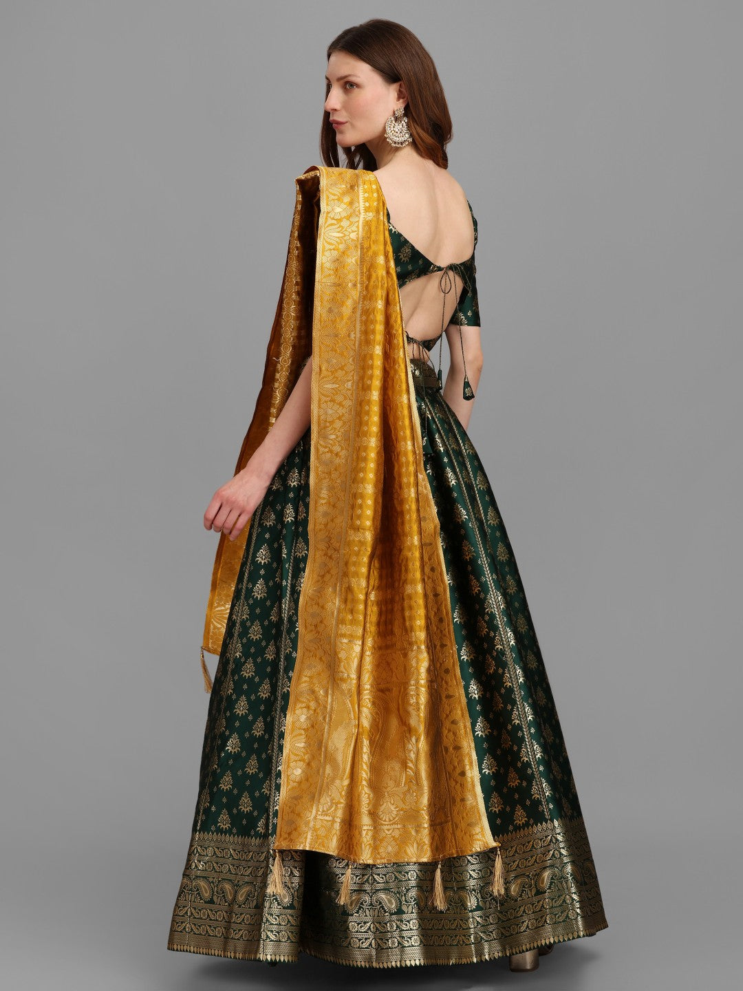Lorenvalley Fashion Green Brocade Fabric Lehenga & Unstitched Blouse With Dupatta | Swadesiicart