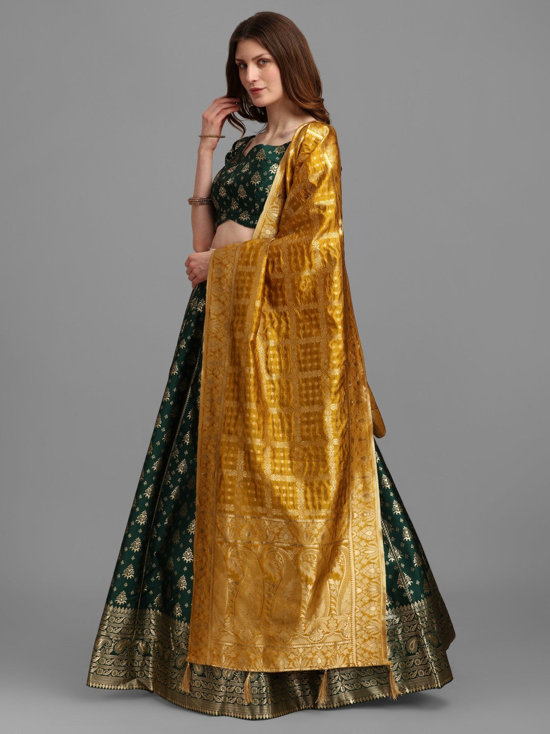 Lorenvalley Fashion Green Brocade Fabric Lehenga & Unstitched Blouse With Dupatta | Swadesiicart