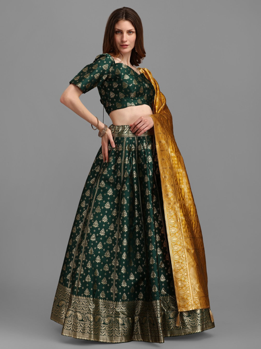Lorenvalley Fashion Green Brocade Fabric Lehenga & Unstitched Blouse With Dupatta | Swadesiicart