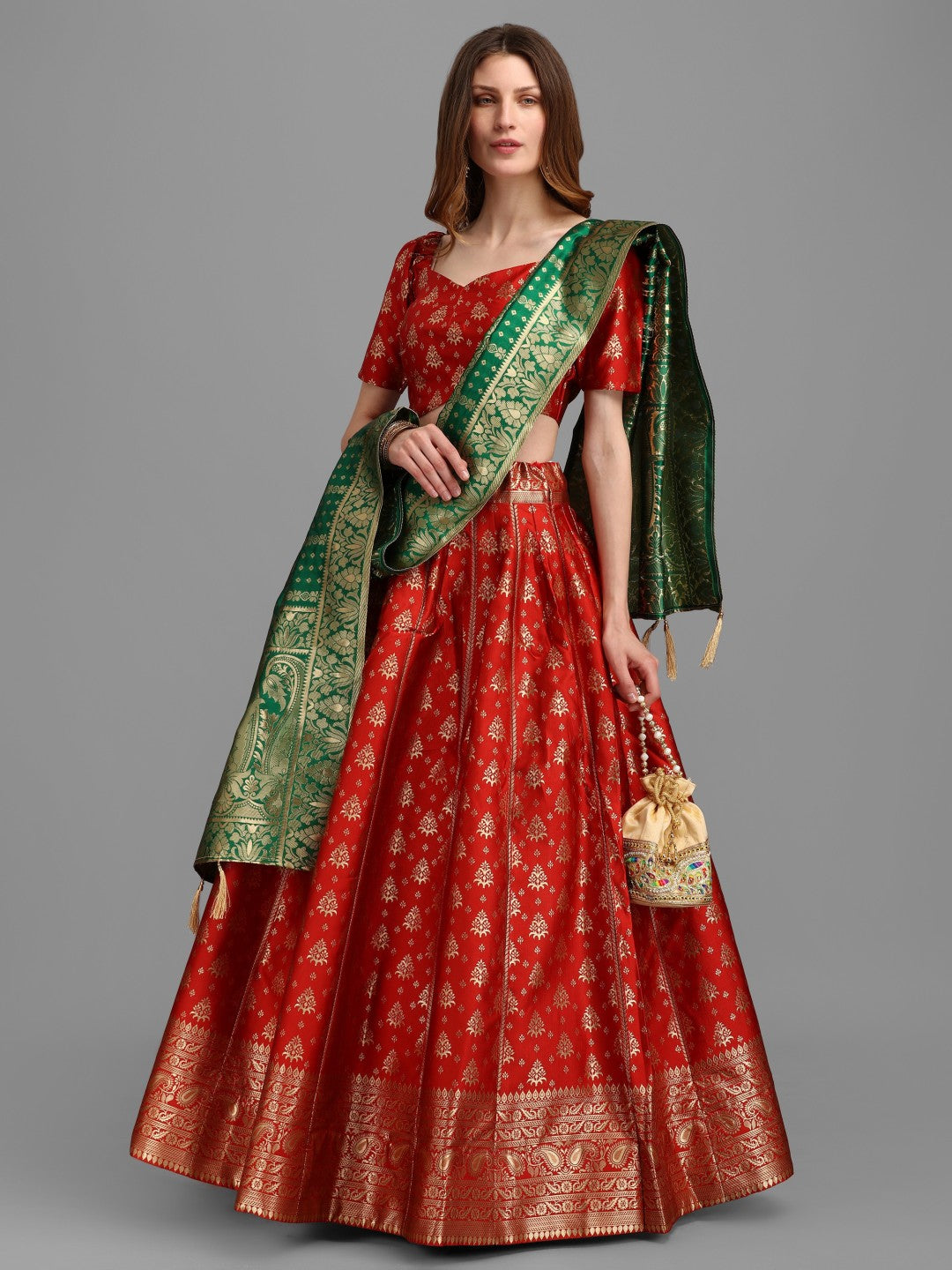 Lorenvalley Fashion Red Brocade Fabric Lehenga & Unstitched Blouse With Dupatta | Swadesiicart