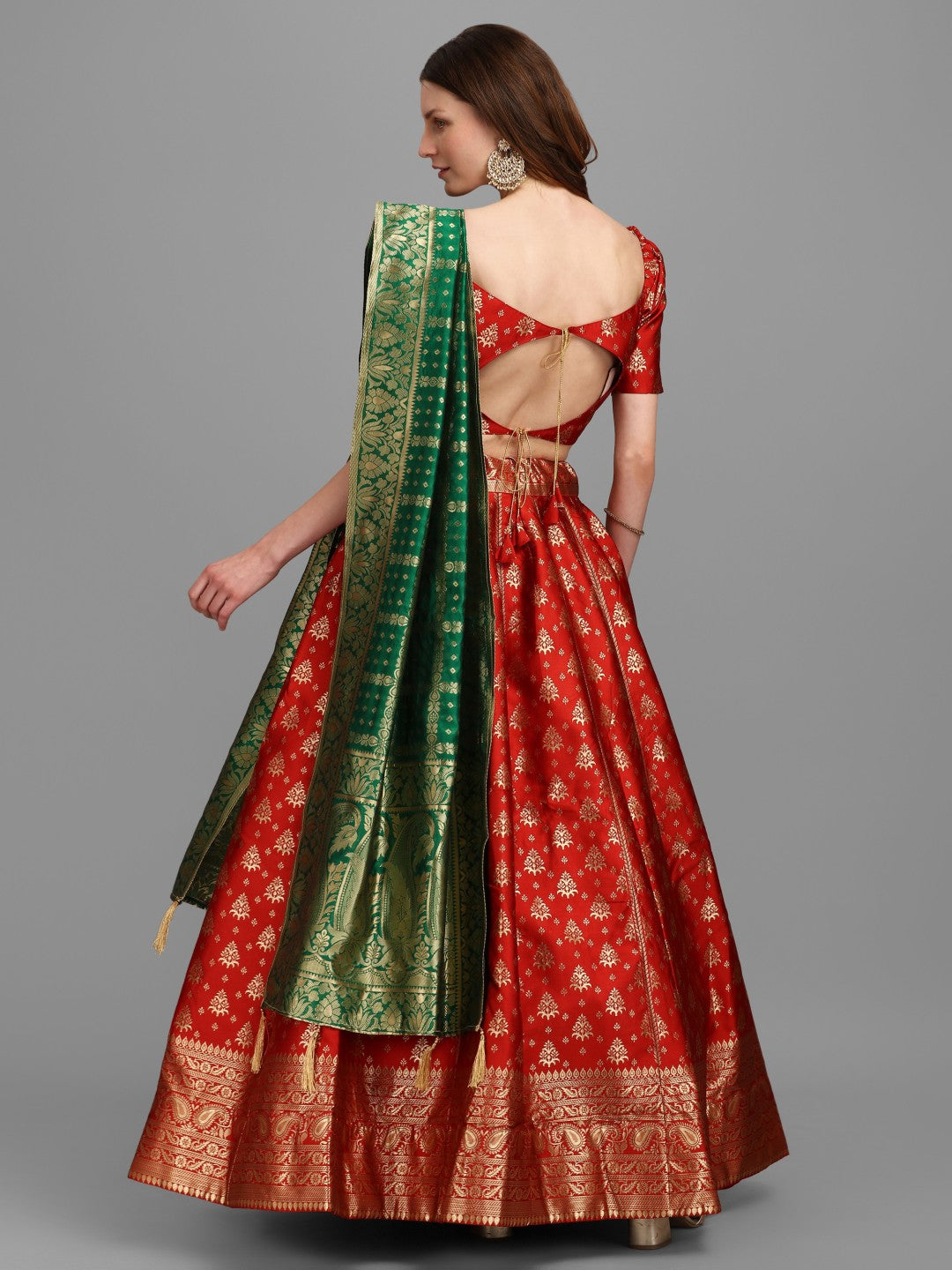 Lorenvalley Fashion Red Brocade Fabric Lehenga & Unstitched Blouse With Dupatta | Swadesiicart
