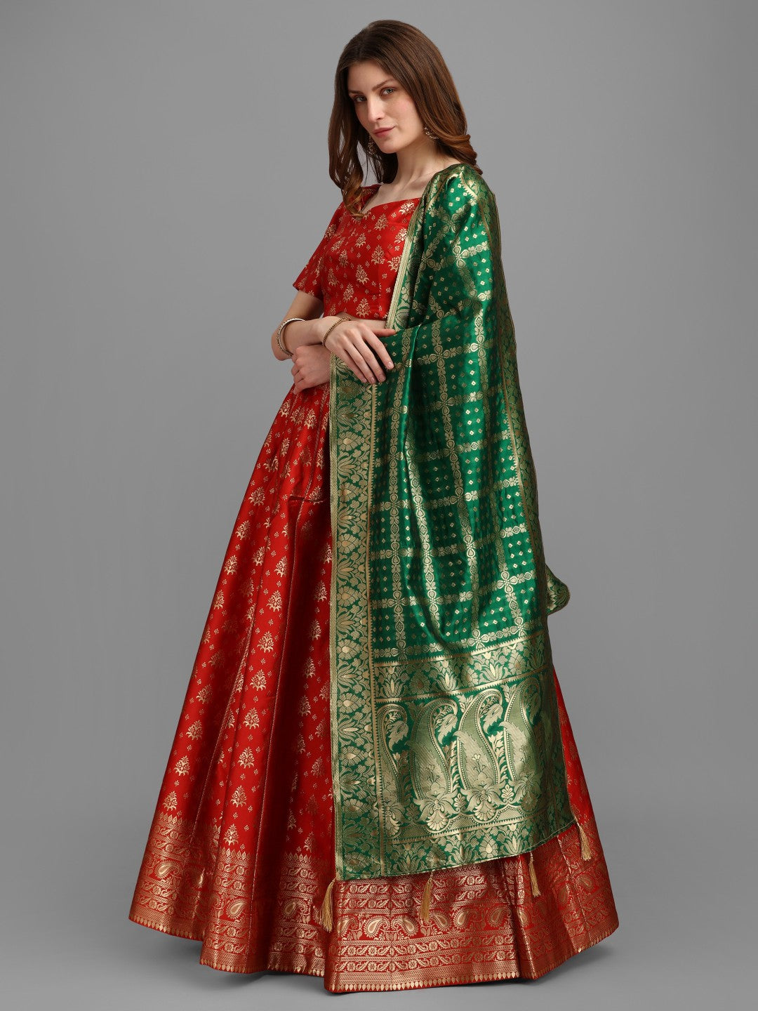 Lorenvalley Fashion Red Brocade Fabric Lehenga & Unstitched Blouse With Dupatta | Swadesiicart