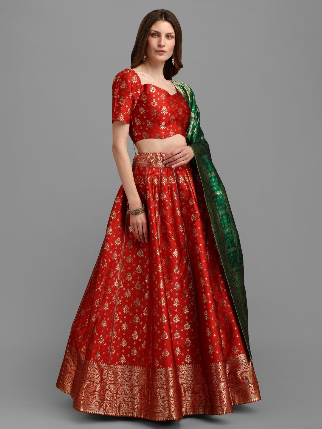 Lorenvalley Fashion Red Brocade Fabric Lehenga & Unstitched Blouse With Dupatta | Swadesiicart