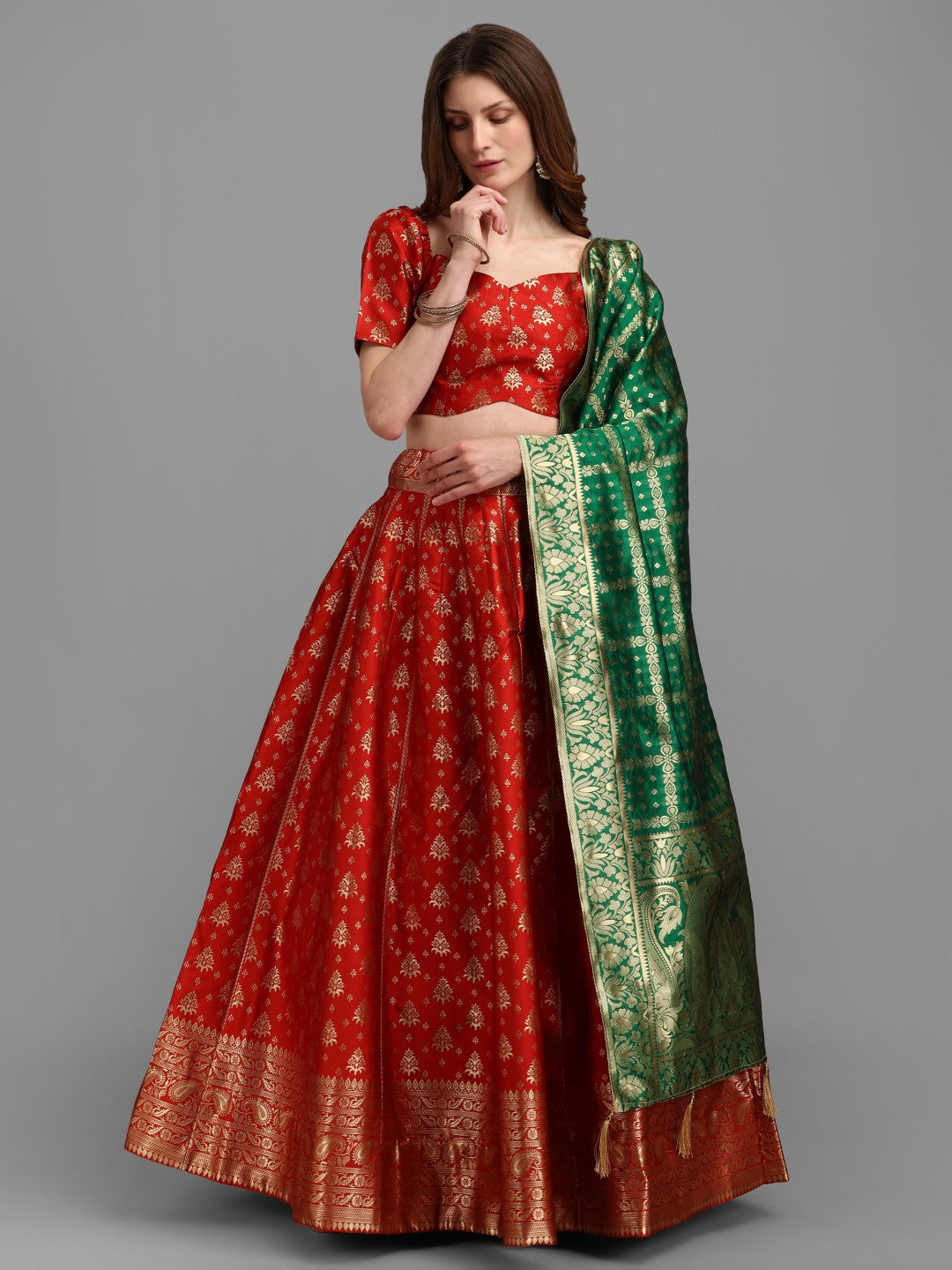 Lorenvalley Fashion Red Brocade Fabric Lehenga & Unstitched Blouse With Dupatta | Swadesiicart